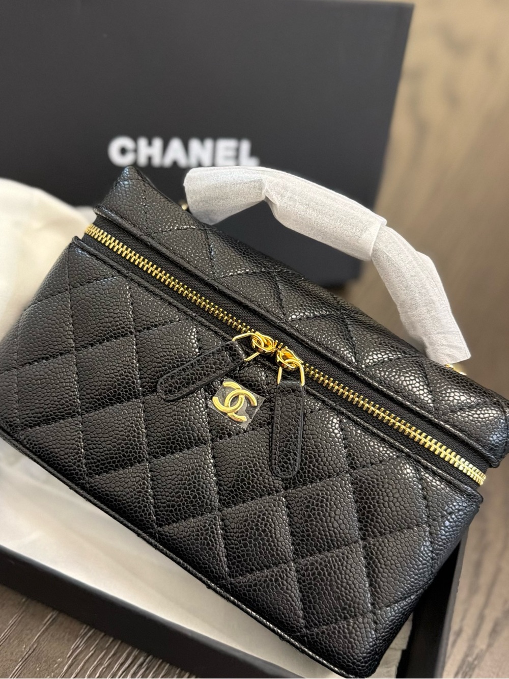 CHANEL Black Quilted Cosmetic Case with Gold CC Hardware